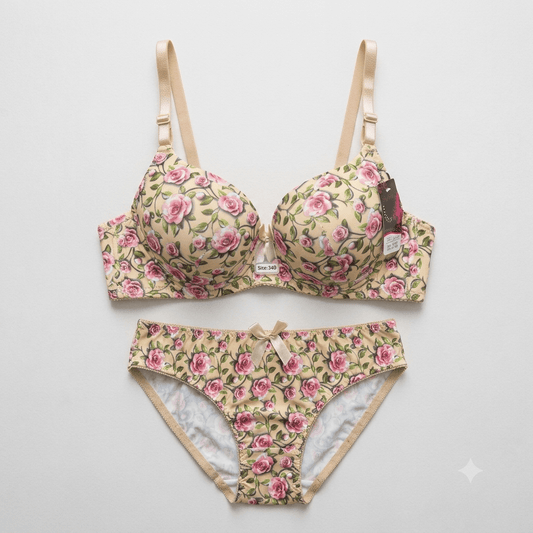 Floral Rose Print Padded Bra & Panty Set — Non-Wired Comfort Innerwear