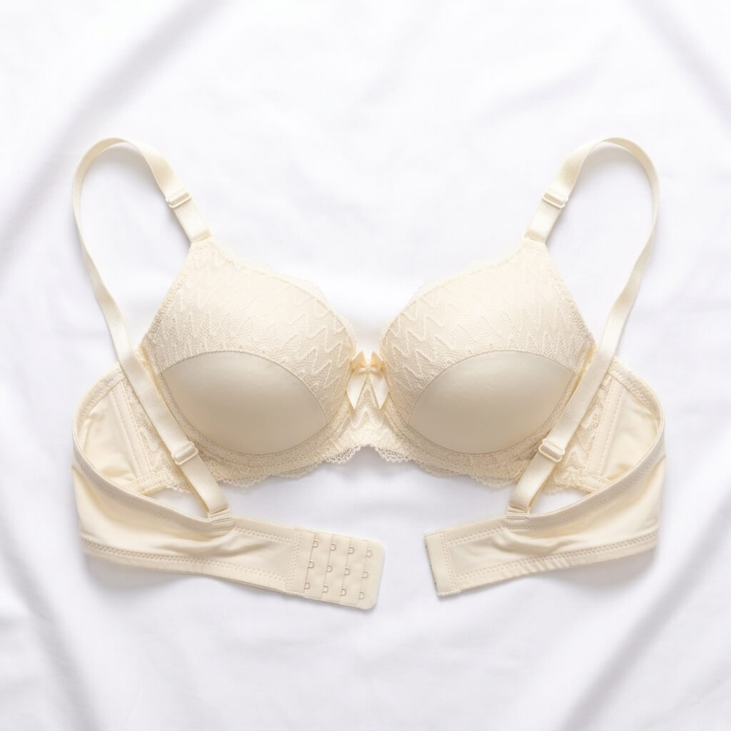 A cream-colored wireless bra with lace cups, adjustable straps, and a matching underband with a triple-hook closure, laid flat on a white fabric background.
