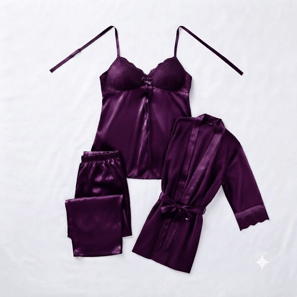 Purple Galaxy Silky Nightwear 3-Piece Set styled photo - Nudra Pakistan