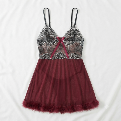 Nudra Lace Babydoll Nightdress sheer mesh feather hem styled view - Nudra Pakistan