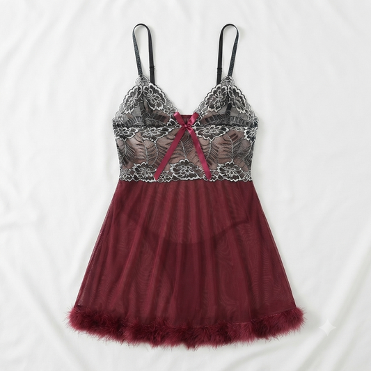 Nudra Lace Babydoll Nightdress — Sheer Mesh & Feather Hem