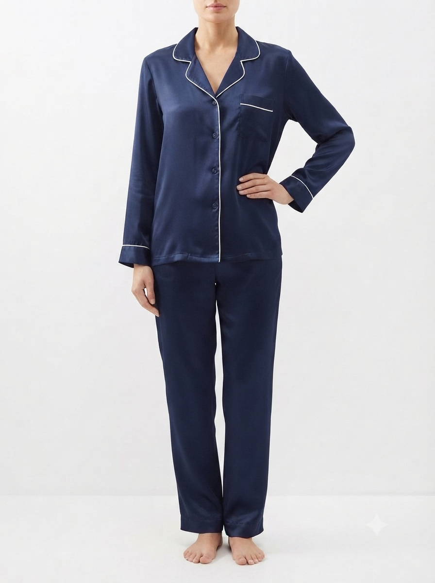 Nudra Satin Nightwear Set contrast piping trim - Nudra Pakistan
