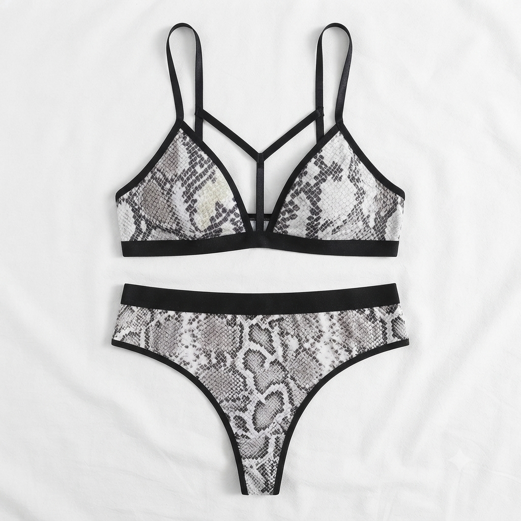 Lunna Lace Snake Print Strappy Bra & Thong Set
