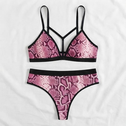 Dark Snake Print Strappy Bra & Thong Set
