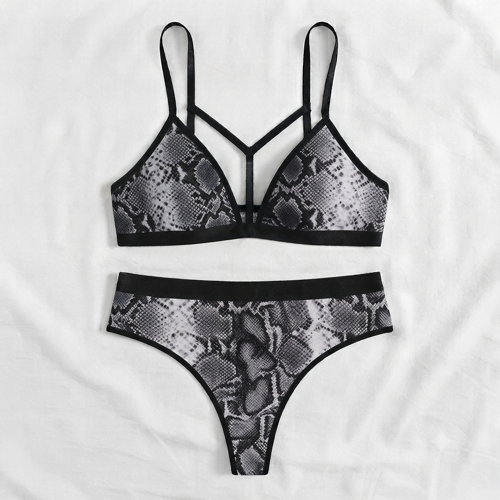 Dark Snake Print Strappy Bra & Thong Set