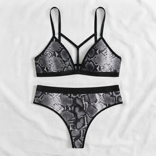 Dark Snake Print Strappy Bra & Thong Set