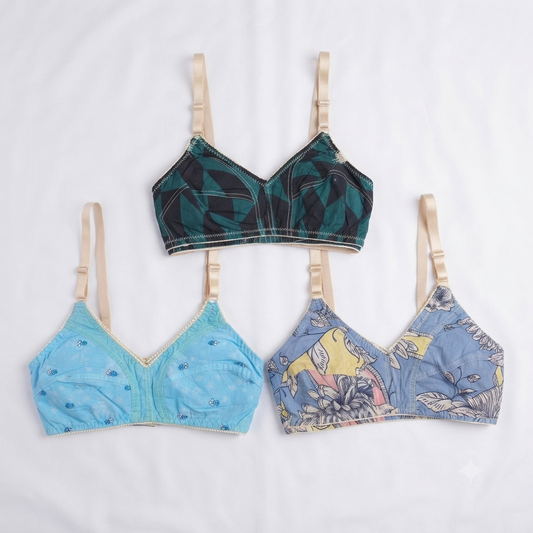 Nudra Lawn Print Bra Bundle pack of 3 bold prints front view - Nudra Pakistan