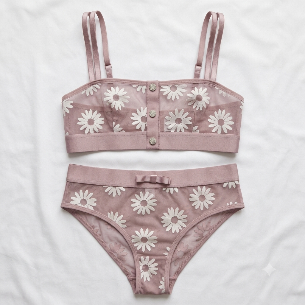 Daisy Embroidered Bandeau Bra & Brief Set — Rhinestone Button Detail