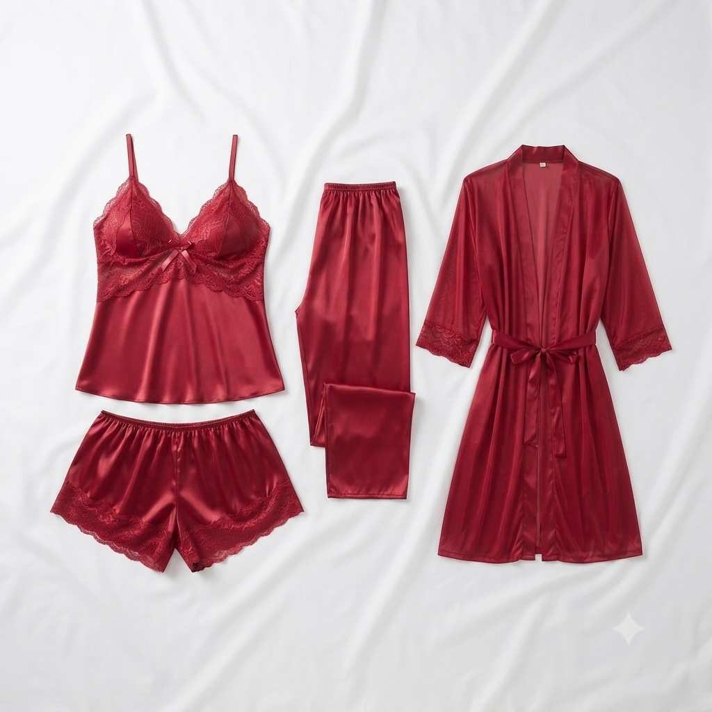 Nudra 4-Piece Silk Nightwear Set — Lace Cami, Shorts, Trousers & Robe