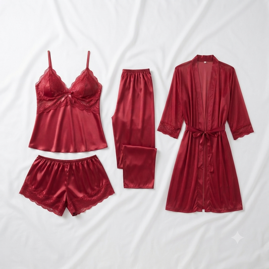 Nudra 4-Piece Silk Nightwear Set — Lace Cami, Shorts, Trousers & Robe