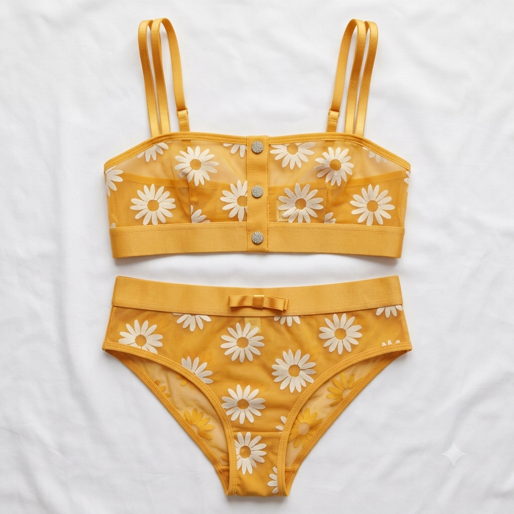 Daisy Embroidered Bandeau Bra & Brief Set — Rhinestone Button Detail