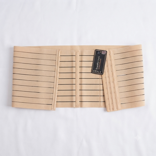 Beige Nudra Striped Hook Waist Cincher Belt hook closure detail - Nudra Pakistan