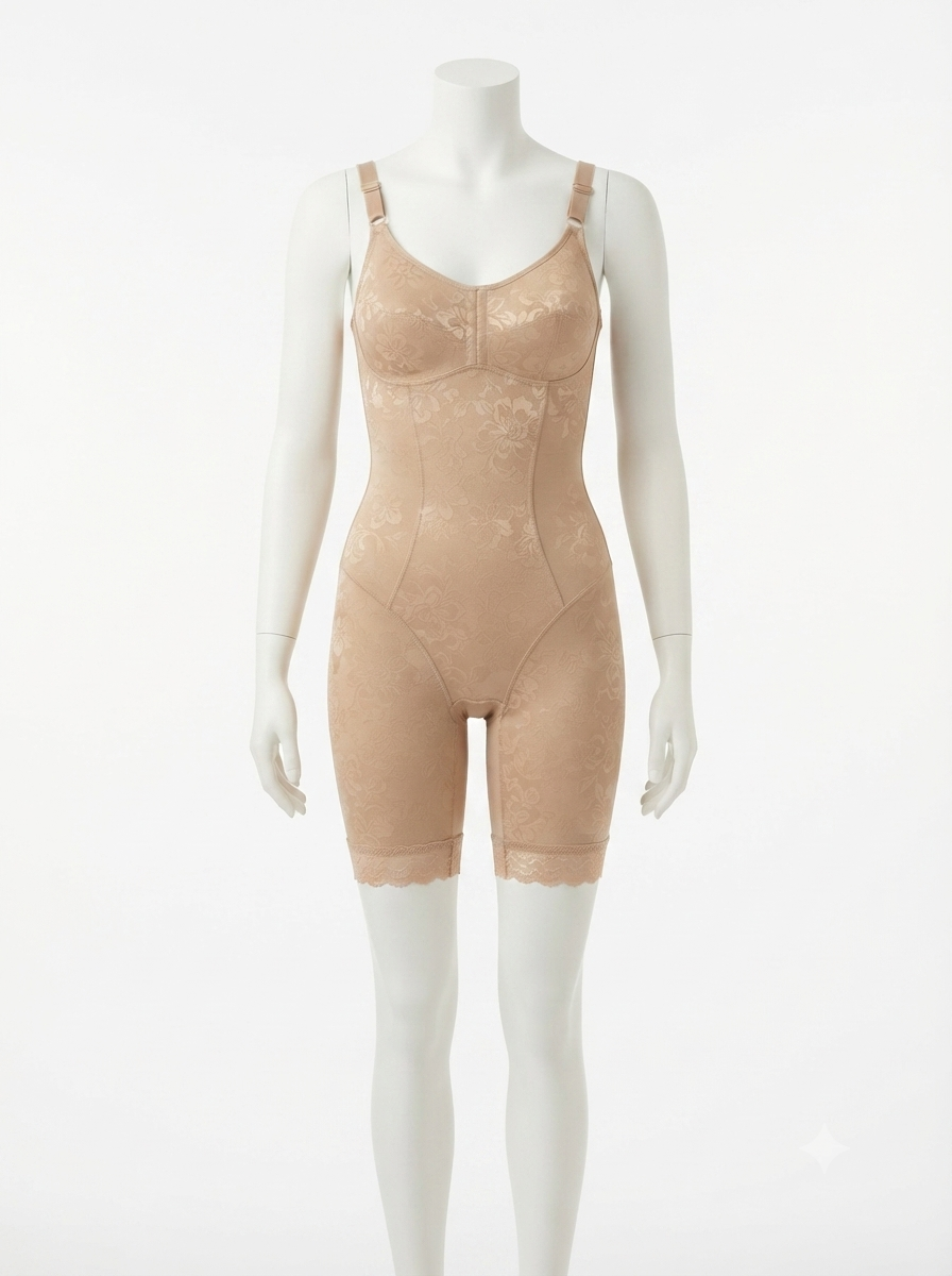 Beige Nudra Floral Lace Full Body Shaper tummy and thigh control - Nudra Pakistan