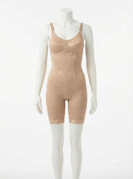 Beige Nudra Floral Lace Full Body Shaper tummy and thigh control - Nudra Pakistan
