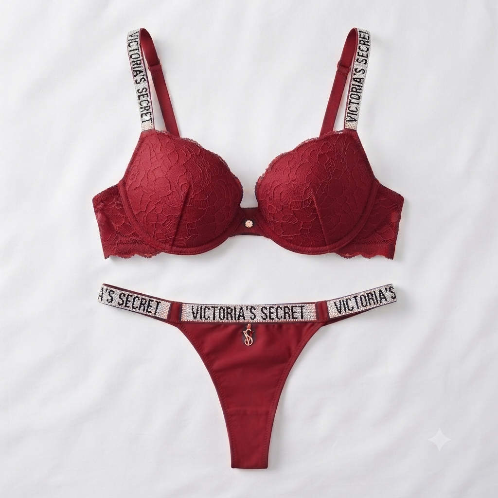 Victoria's Secret Style Lace Push-Up Bra & Thong Set — Rhinestone Strap