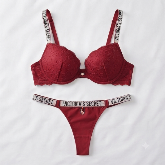 Victoria's Secret Style Lace Push-Up Bra & Thong Set — Rhinestone Strap