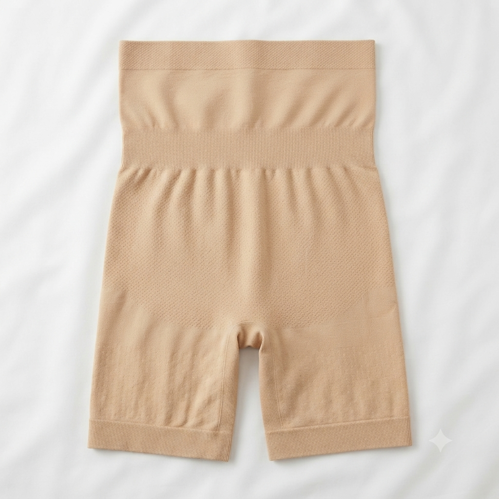 Beige Nudra High-Waist Shaper Shorts thigh slimming detail - Nudra Pakistan