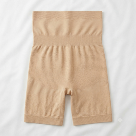 Beige Nudra High-Waist Shaper Shorts thigh slimming detail - Nudra Pakistan