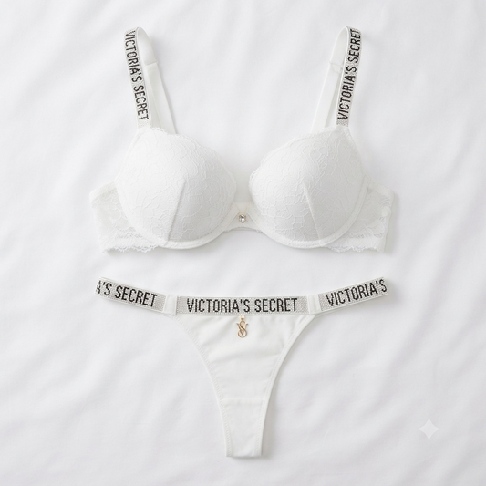 Victoria's Secret Style Lace Push-Up Bra & Thong Set — Rhinestone Strap