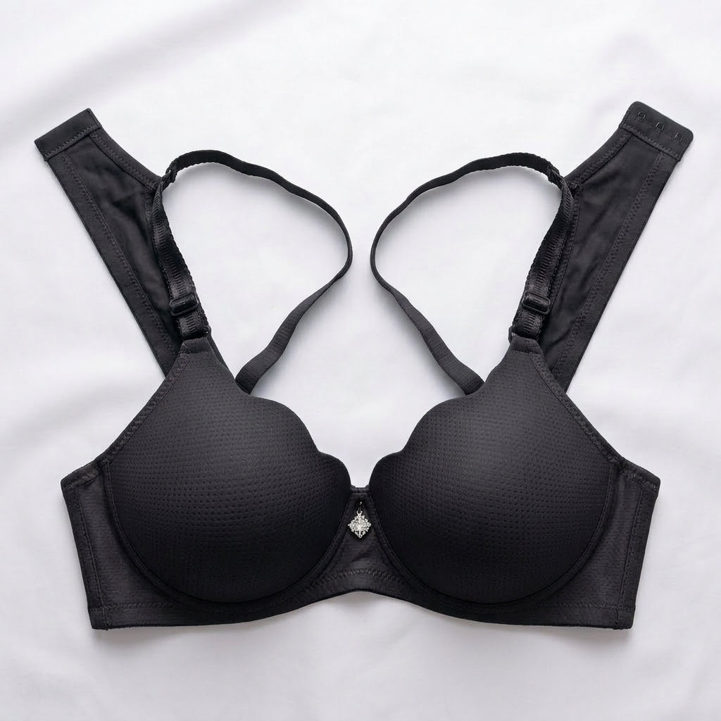 Black wireless underwire bra with textured cups and adjustable shoulder straps, laid flat on a white background.