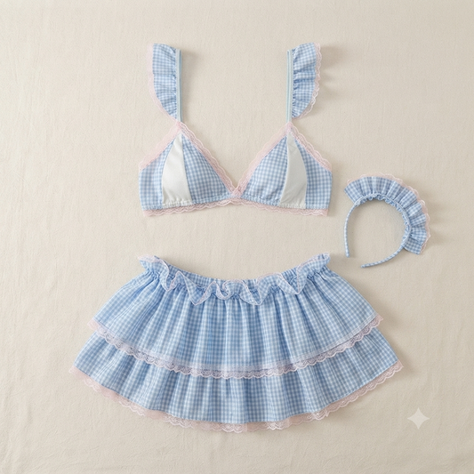 Blue Gingham Ruffle Lingerie Set styled view - Nudra Pakistan