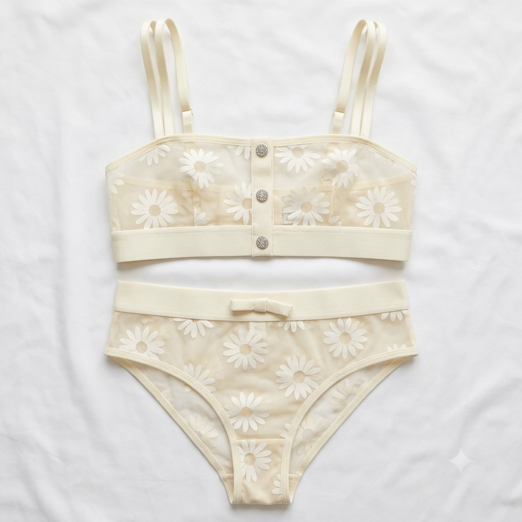 Daisy Embroidered Bandeau Bra & Brief Set — Rhinestone Button Detail