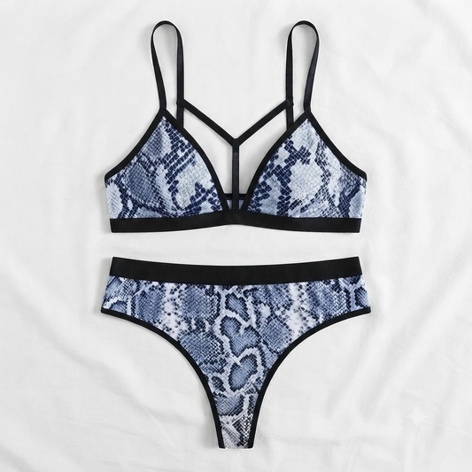 Lunna Lace Snake Print Strappy Bra & Thong Set