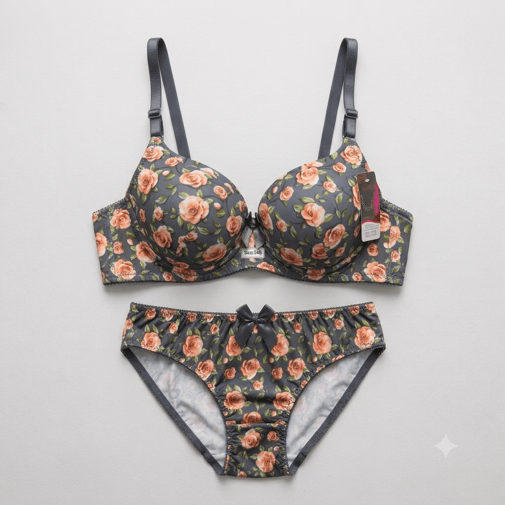 Floral Rose Print Padded Bra & Panty Set — Non-Wired Comfort Innerwear