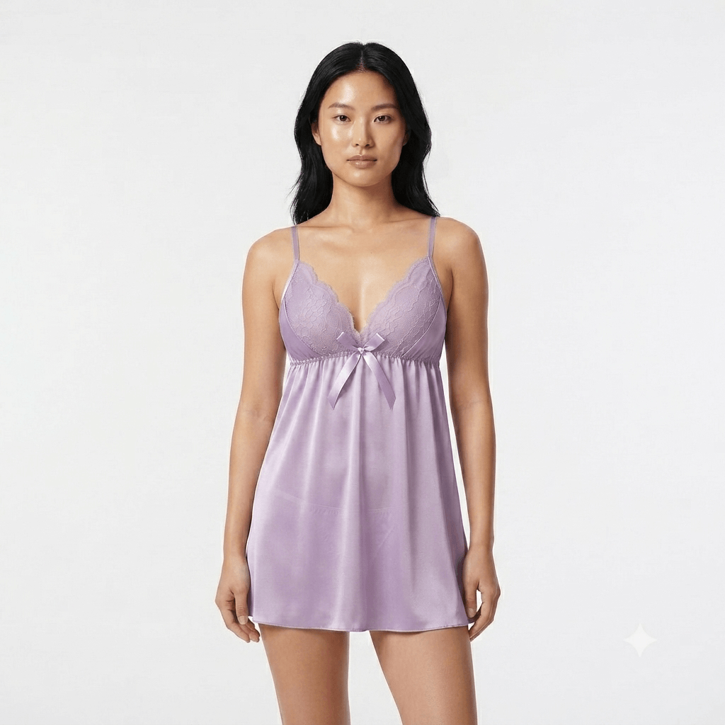Lilac Silky Nights Lace Trim Babydoll Nightdress satin mesh - Nudra Pakistan