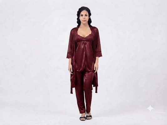 Maroon Galaxy Silky Nightwear 3-Piece Set robe nighty pants - Nudra Pakistan