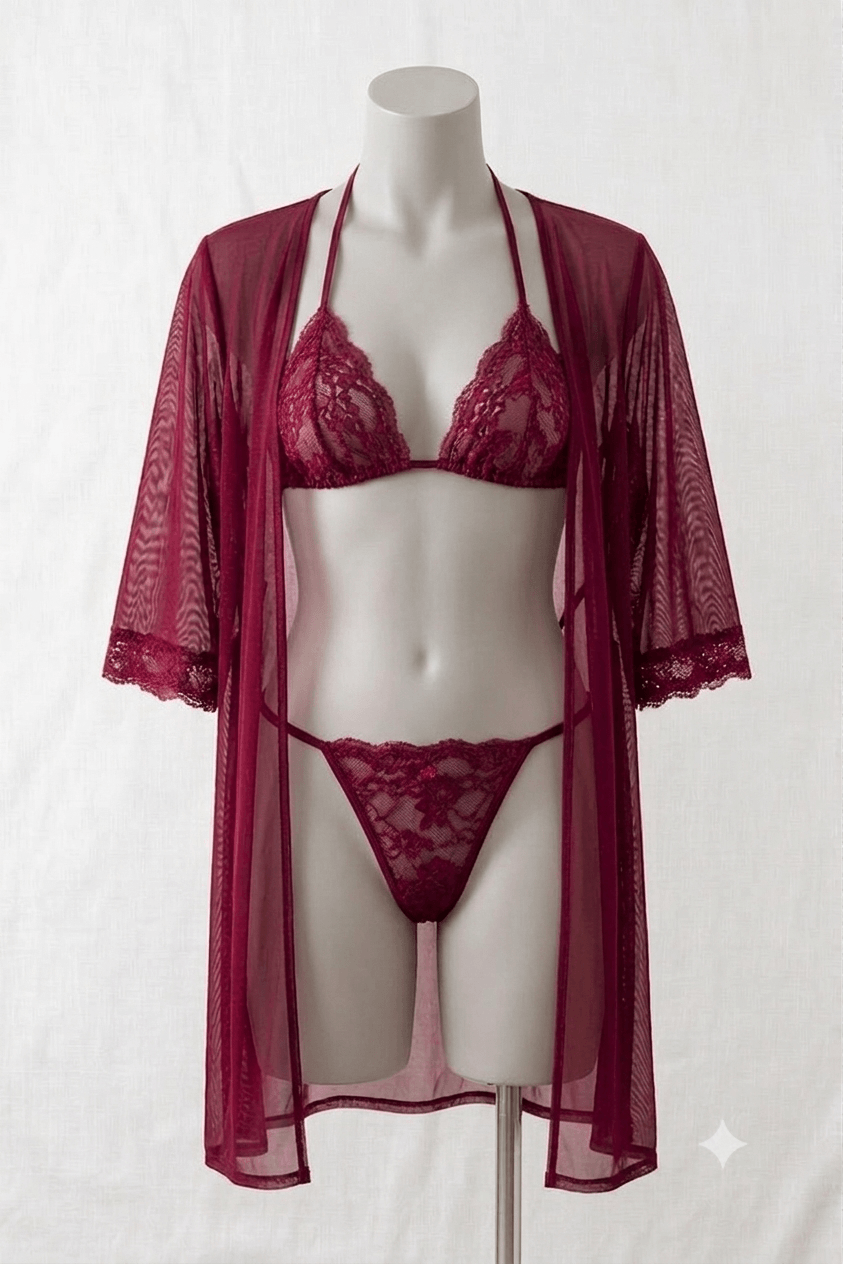 Maroon 3 Pcs Nightwear Set satin robe lace bra panty - Nudra Pakistan