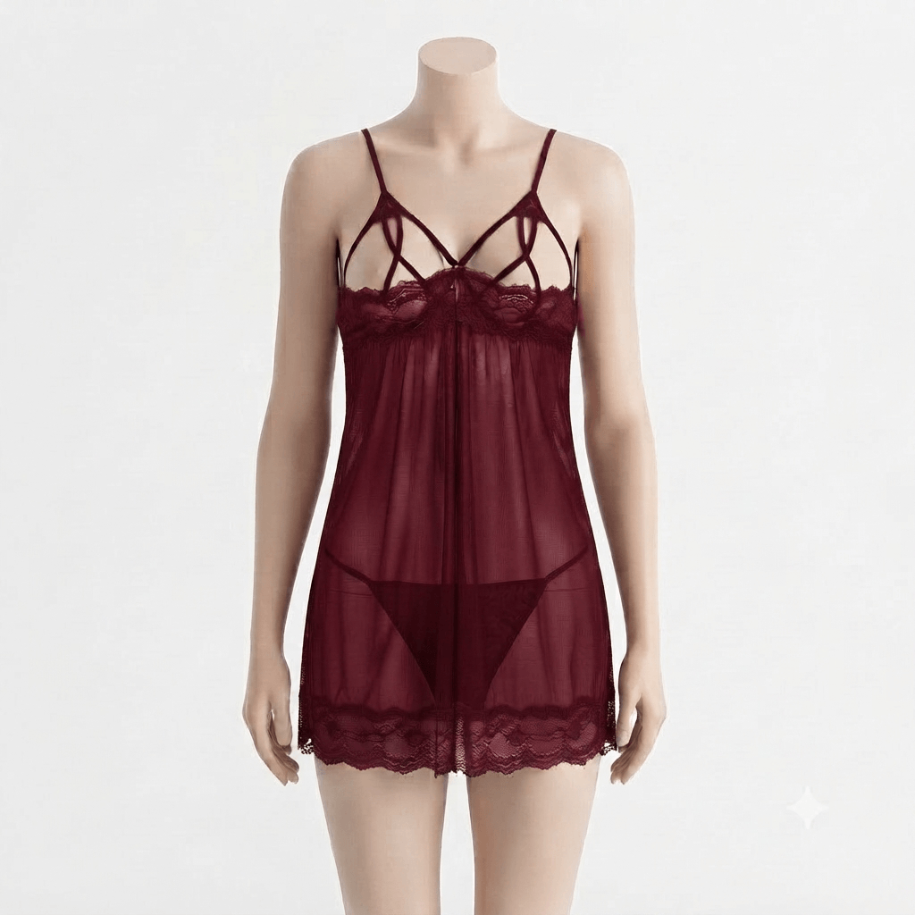 Maroon Babydoll Lace Cross-Strap Detail Sheer Maxi Robe - Nudra Pakistan