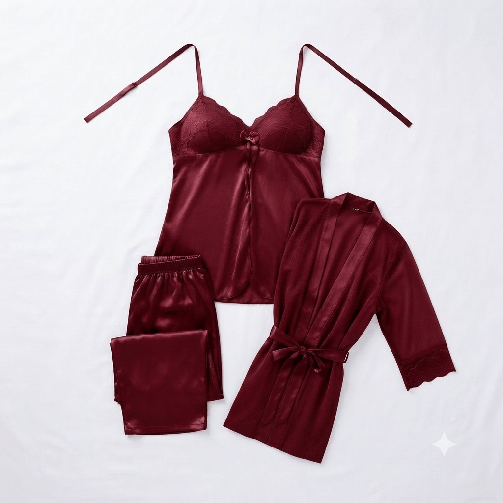Maroon Galaxy Silky Nightwear 3-Piece Set styled photo - Nudra Pakistan
