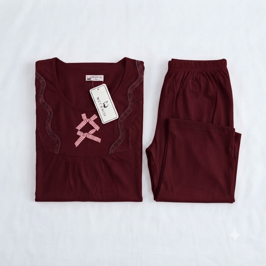 Maroon Weiernisi Malai Suit Cotton Pajama Set styled photo - Nudra Pakistan