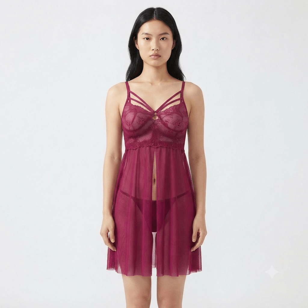 Maroon Yanni BT Strappy Lace Babydoll Sheer Maxi Skirt - Nudra Pakistan