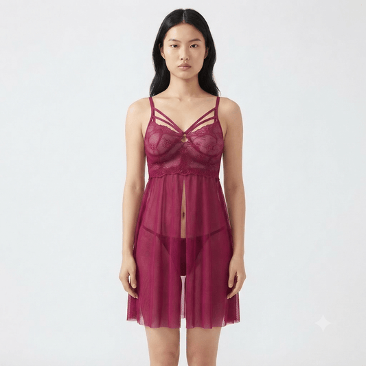 Maroon Yanni BT Strappy Lace Babydoll Sheer Maxi Skirt - Nudra Pakistan