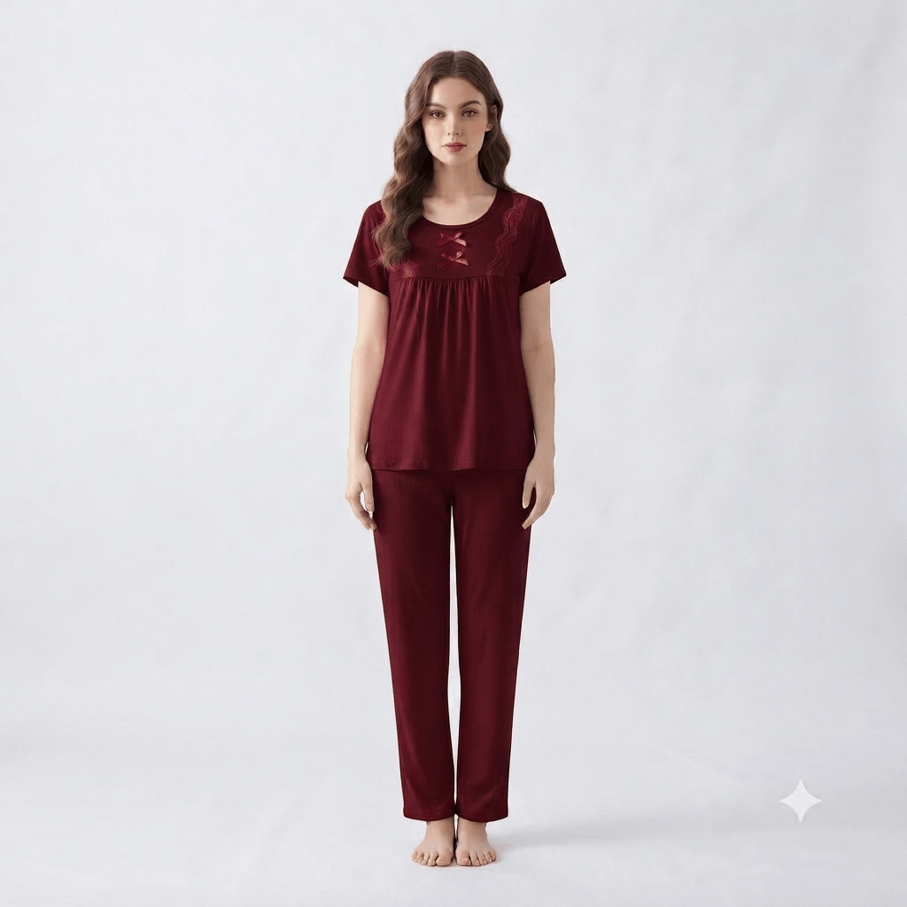 Maroon Weiernisi Malai Suit Cotton Pajama Set with Lace detail - Nudra Pakistan