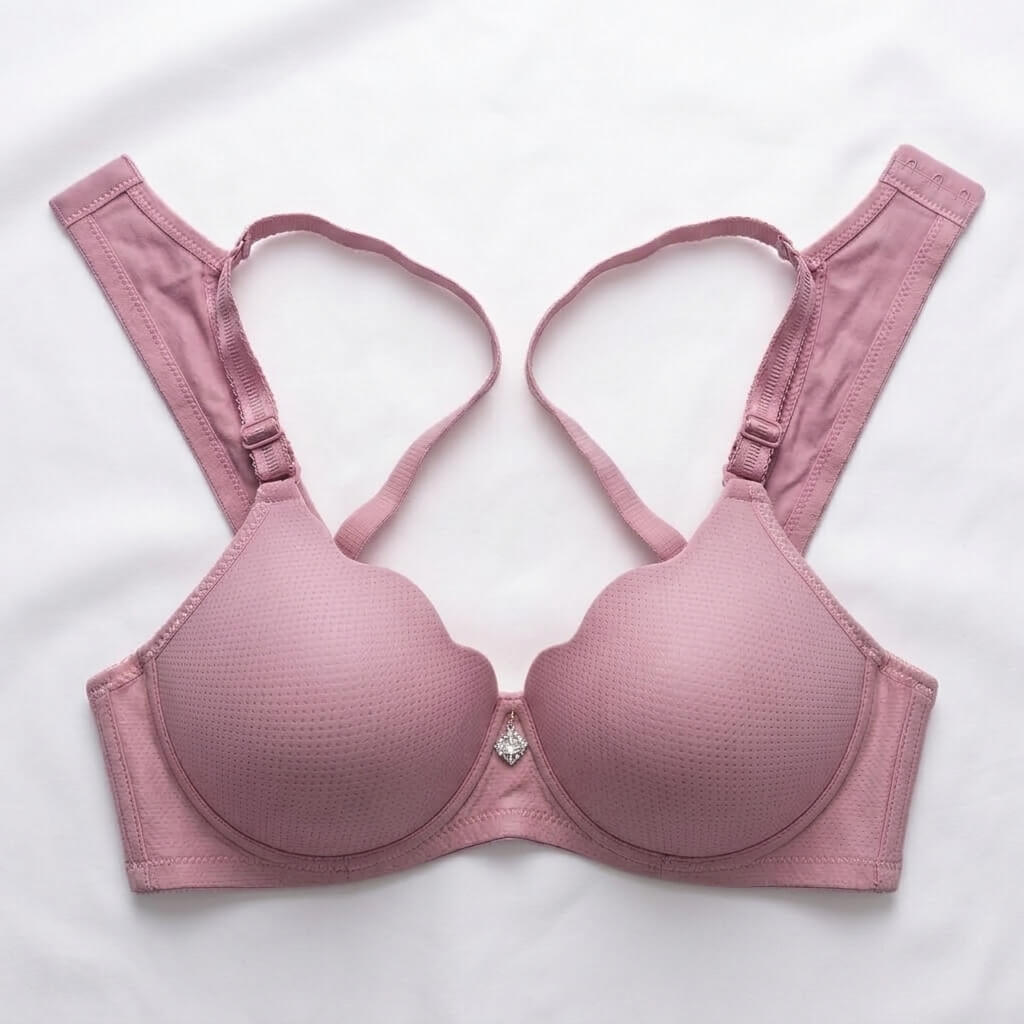 A dusty pink wireless bra with textured cups and adjustable straps, laid flat on a white fabric background.