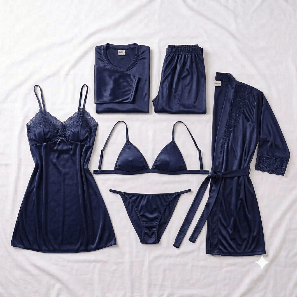 Navy Blue Galaxy Nightwear 6-Piece Robe Set - Nudra Pakistan