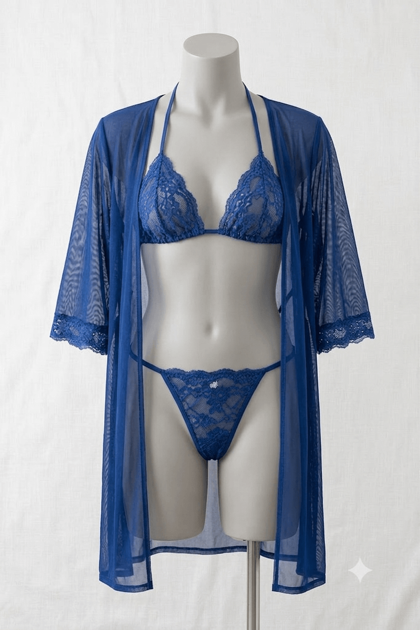 Navy Blue 3 Pcs Nightwear Set satin robe lace bra panty - Nudra Pakistan