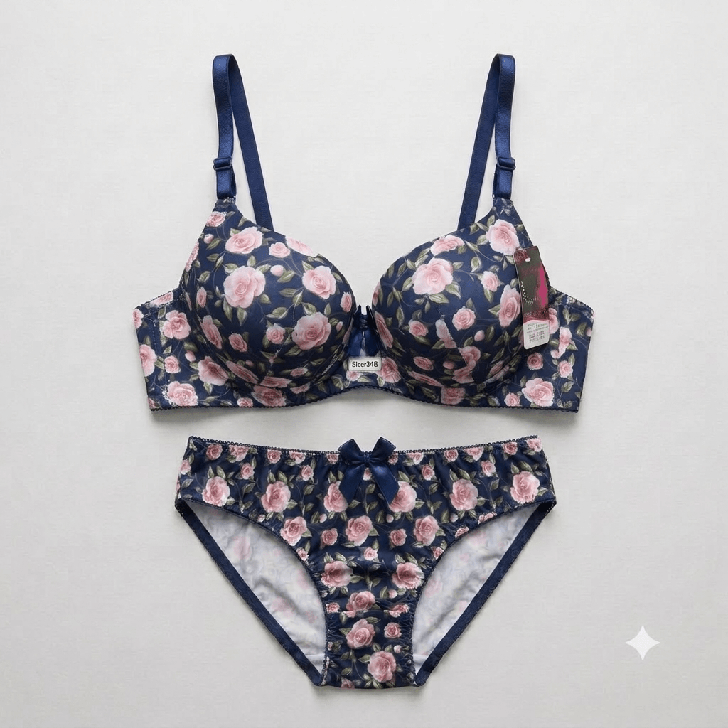 Floral Rose Print Padded Bra & Panty Set — Non-Wired Comfort Innerwear