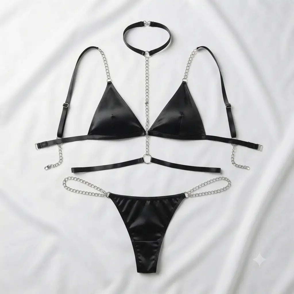 Nudra Black Chain Harness Lingerie Set styled view - Nudra Pakistan