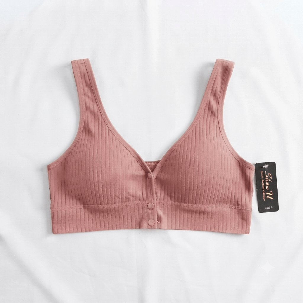 Pink ShowU Front Open Ribbed Lycra Bra non-wired bralette - Nudra Pakistan