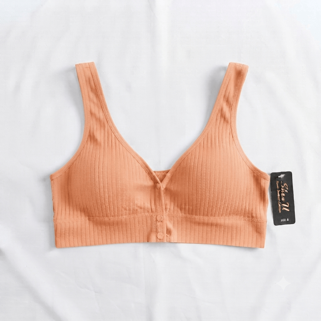 Peach ShowU Front Open Ribbed Lycra Bra non-wired bralette - Nudra Pakistan