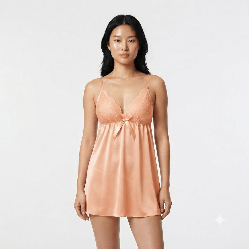 Peach Silky Nights Lace Trim Babydoll Nightdress satin mesh - Nudra Pakistan