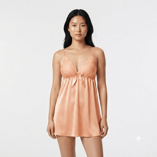 Peach Silky Nights Lace Trim Babydoll Nightdress satin mesh - Nudra Pakistan