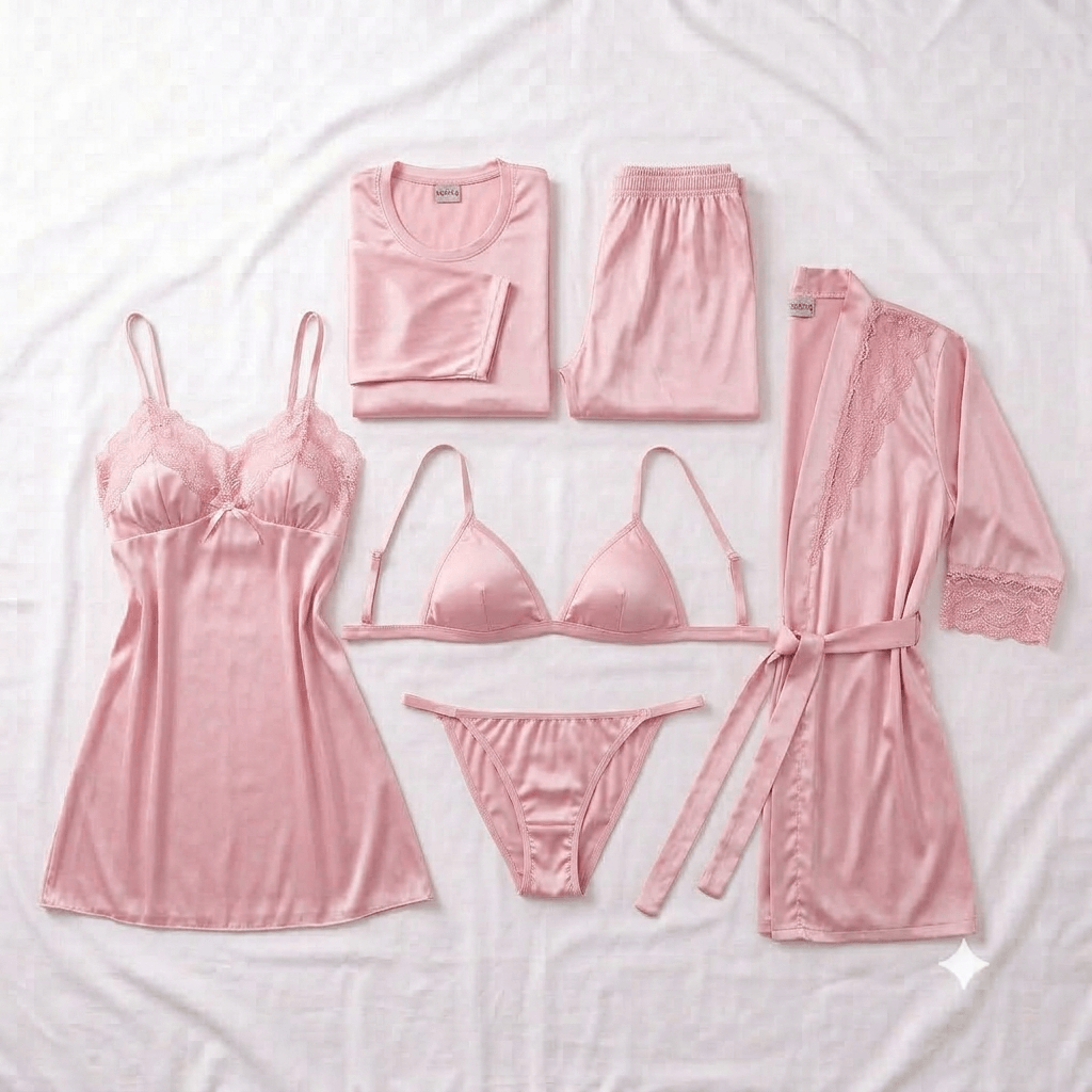 Pink Galaxy Nightwear 6-Piece Robe Set - Nudra Pakistan