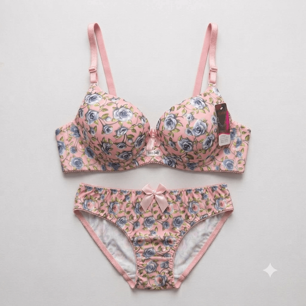 Floral Rose Print Padded Bra & Panty Set — Non-Wired Comfort Innerwear