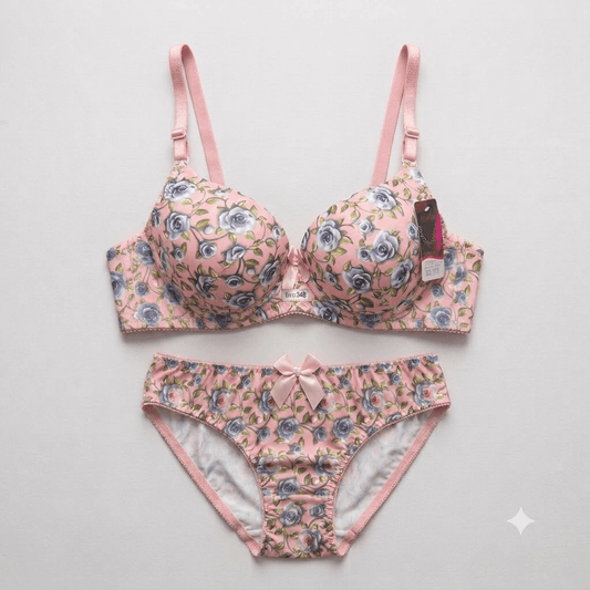 Floral Rose Print Padded Bra & Panty Set — Non-Wired Comfort Innerwear