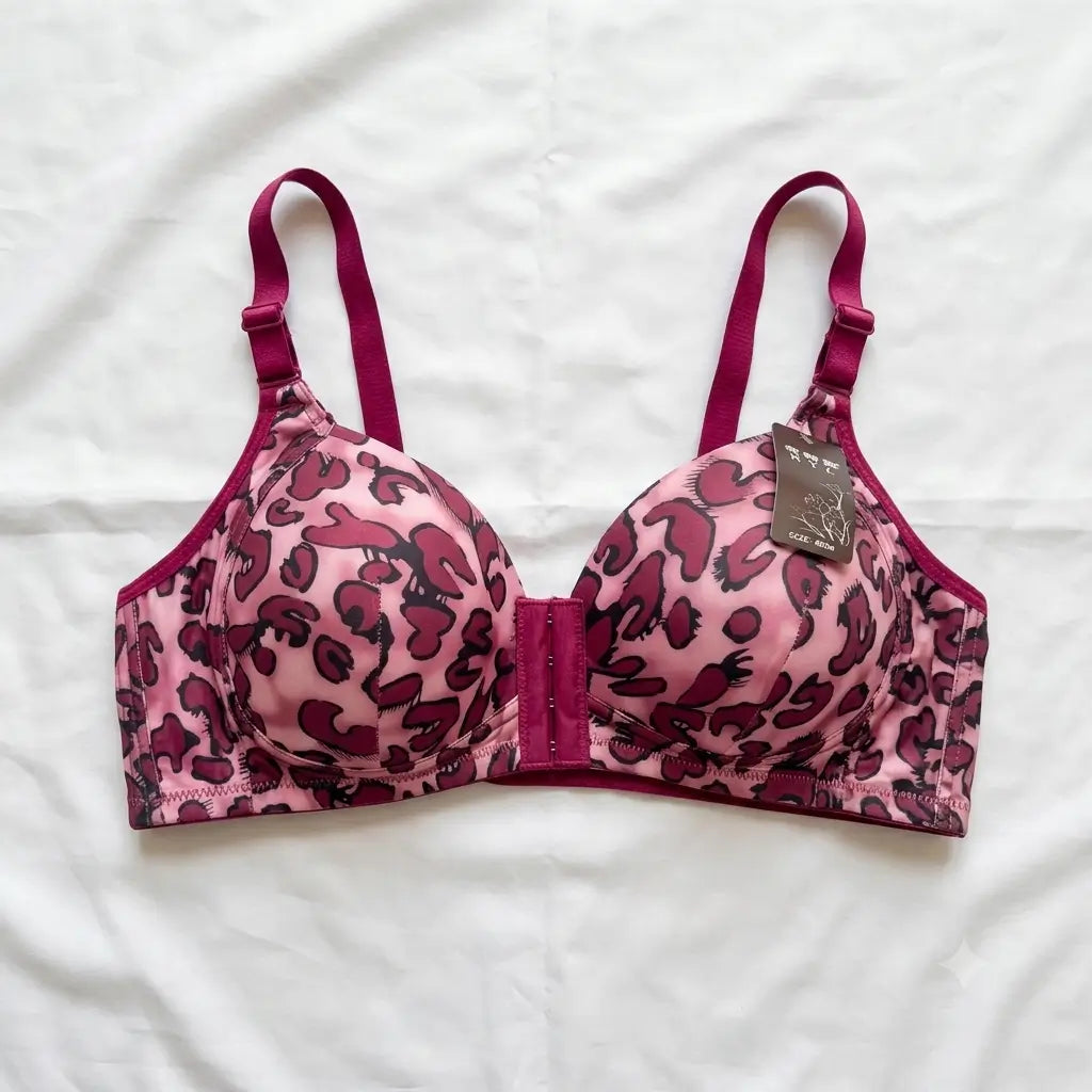 Hot Pink Front Open Leopard Print Bra wired full coverage - Nudra Pakistan